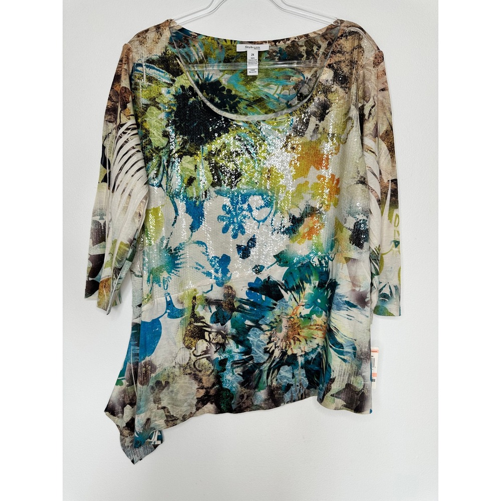 Style & Co Sequin Floral Asymmetrical Top Size 2X Blue Green Sparkly Boho New‎